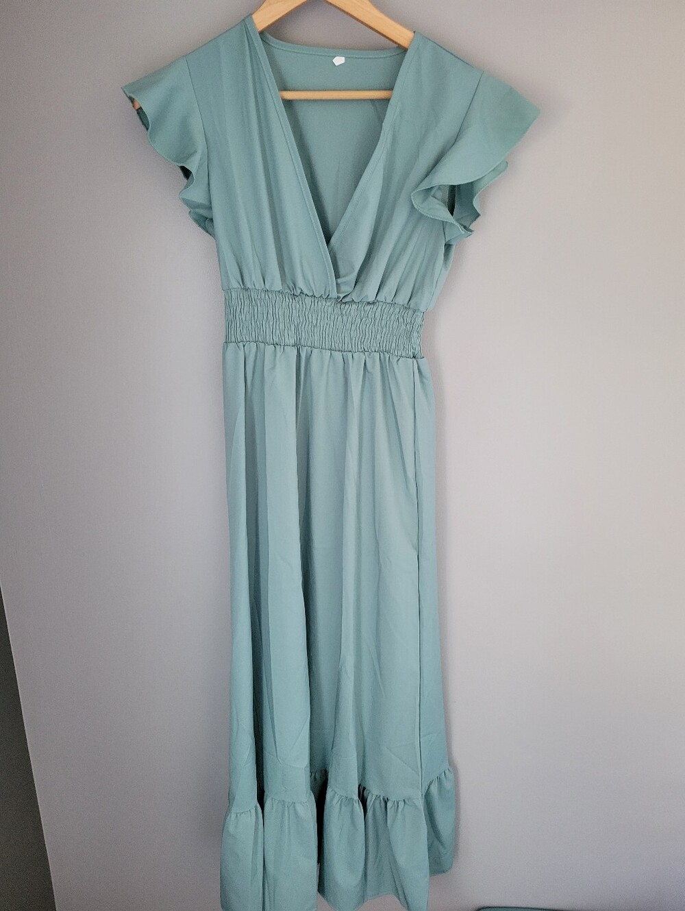 Light Green Teal Maxi Dress Size S Flutter Sleeves V-neck Smocked Waist Modest